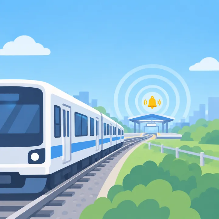 A train heading toward a station, with rings spreading out from a bell above it