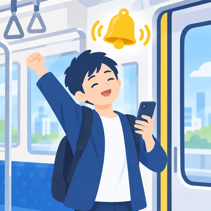 A smiling passenger raising a fist, holding a phone, as a bell rings