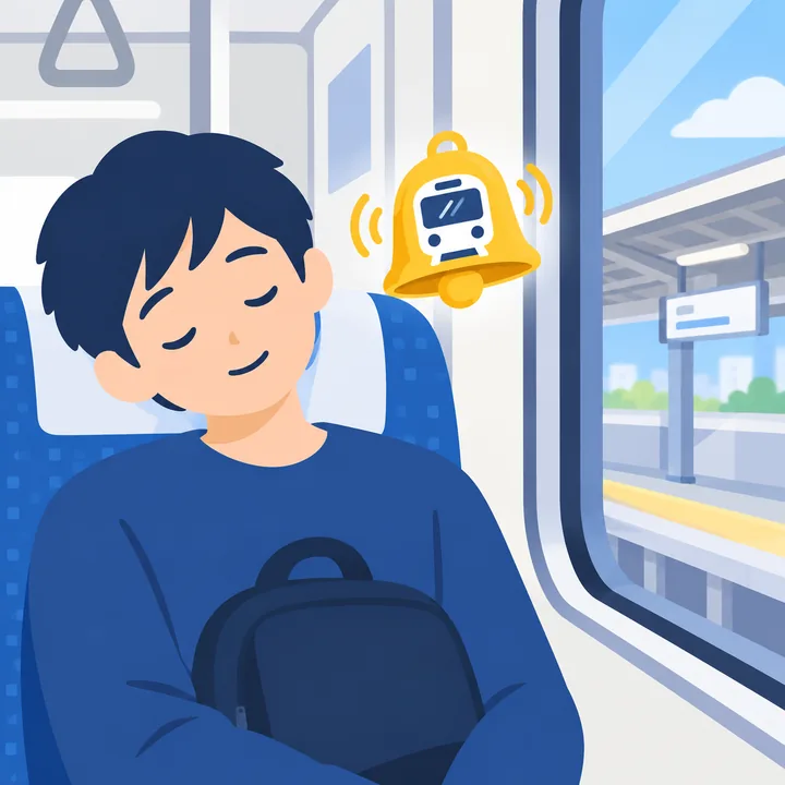 A person asleep on a train seat, with a yellow bell ringing beside them